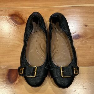 Chloe navy leather buckle toe flats